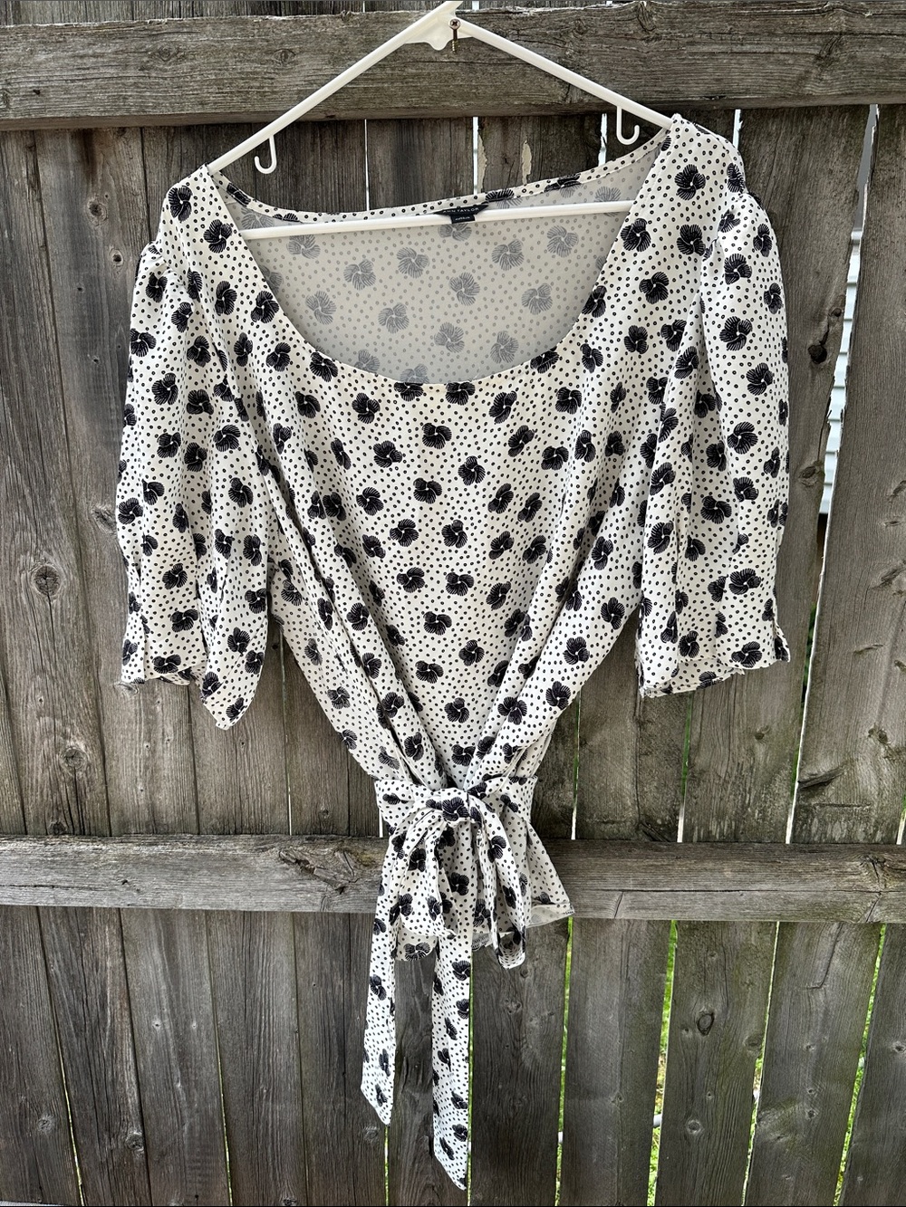 Ann Taylor Cream and Black Floral Tie-Front Blouse